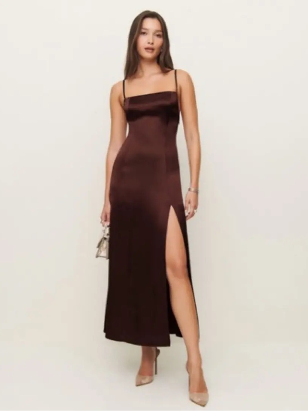 Reformation Melina Silk Dress Brown Satin Slip Midi Dress with Thigh Slit